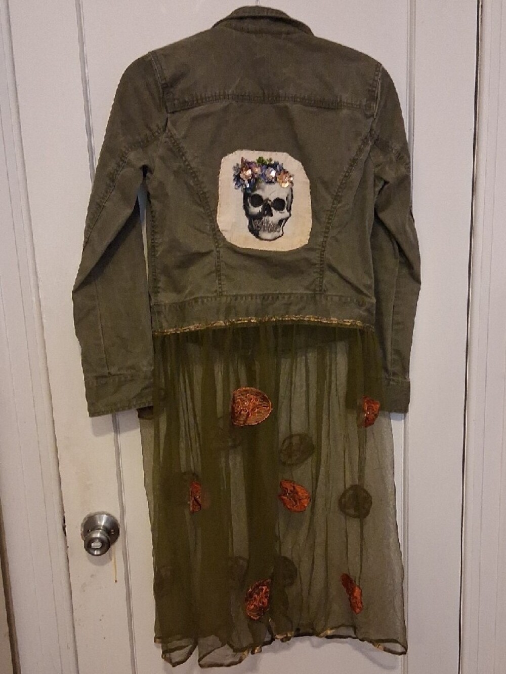 Upcycled GAP Olive Green Jacket Sheer Skirt Rosette Accents & Embroidery Skull S